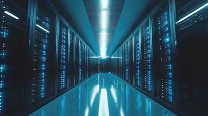 Poster - Illuminated Server Racks In Modern Data Center Corridor