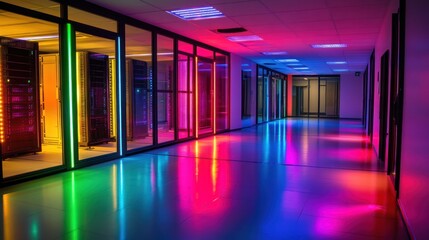 Aufkleber - Vibrant Neon Lights Illuminate Modern Server Room Corridor