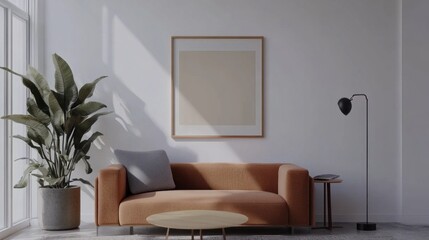 Poster - A living room with a brown couch, a coffee table, a lamp, and a potted plant