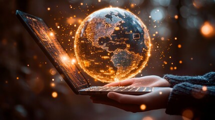 Global network connection visualized as a glowing Earth above a laptop.