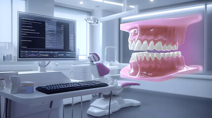 Poster - A dentist using digital scanning technology to design and fit dental crowns in a modern clinic, showcasing the role of technology in restorative care