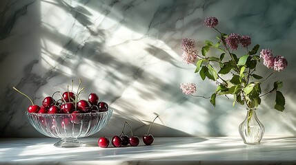 Poster - Luxurious Dining Setting Featuring Elegant Marble Surface with Fresh Cherries and Beautiful Flowers in Glowing Natural Light
