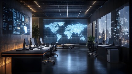 Poster - A tech-driven workspace where 3D glowing global digital integration maps are paired with 2D animated action points. 4k resolution, Cinematic Scene