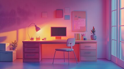 Poster - A minimalist desk featuring 3D glowing integration tools for automation with 2D animated timelines. 4k resolution, Cinematic Scene