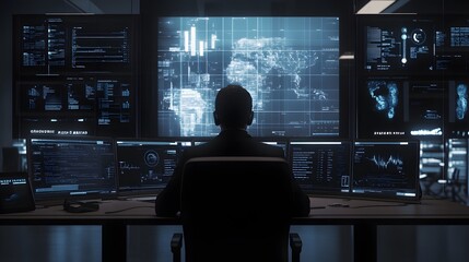 Poster - A team leader facilitating a virtual meeting from a minimalist office, with 3D holographic participant panels and 2D task trackers. 4k resolution, Cinematic Scene