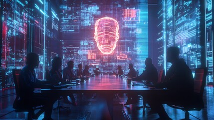 Poster - A tech-driven meeting space featuring 3D glowing user avatars and 2D glowing conversation threads enhancing collaboration. 4k resolution, Cinematic Scene
