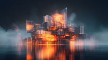 Aufkleber - A remote architecture workshop where participants refine 3D glowing building designs with 2D feedback loops. 4k resolution, Cinematic Scene