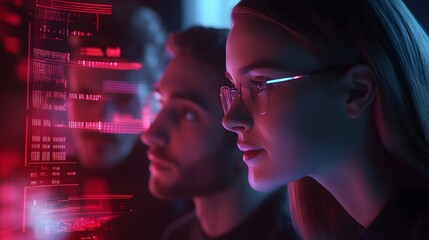 Poster - A virtual team conducting a product review, with 3D glowing product elements projected and 2D performance analytics. 4k resolution, Cinematic Scene