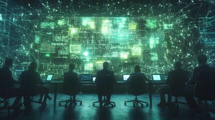 Poster - A team meeting with 3D holographic visuals of green supply chains and 2D glowing connections representing partnerships. 4k resolution, Cinematic Scene