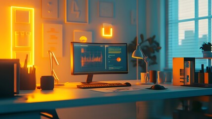 Poster - A minimalist workspace featuring 3D glowing models of biodegradable products and 2D floating explanations of materials. 4k resolution, Cinematic Scene