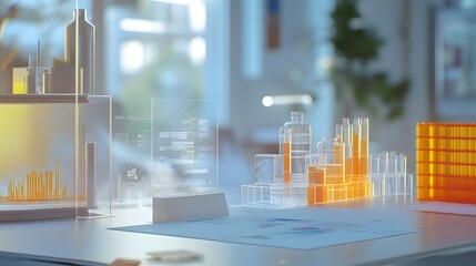 Poster - A brainstorming session in a clean office where 3D prototypes of eco-friendly packaging are displayed alongside 2D lifecycle analysis. 4k resolution, Cinematic Scene