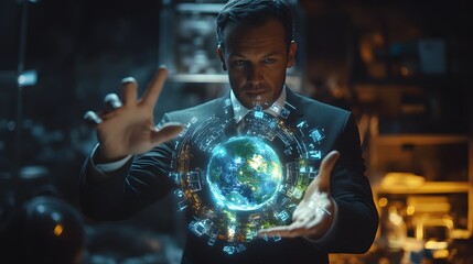 Poster - A business leader demonstrating a 3D holographic circular economy model with 2D glowing highlights of waste reduction. 4k resolution, Cinematic Scene