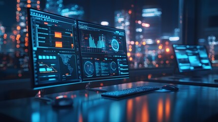Poster - A futuristic workspace featuring 3D glowing devices tracking carbon offset programs and 2D floating feedback tools. 4k resolution, Cinematic Scene