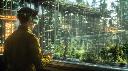 Poster - A professional developing 3D holographic visuals of green logistics while 2D animated delivery routes are displayed. 4k resolution, Cinematic Scene