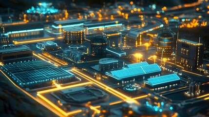 Aufkleber - A digital presentation on 3D glowing solar farm visuals with 2D metrics of long-term economic and environmental gains. 4k resolution, Cinematic Scene