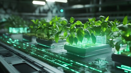 Poster - A futuristic workspace showing 3D glowing urban farm models and 2D glowing trends of sustainable food production. 4k resolution, Cinematic Scene