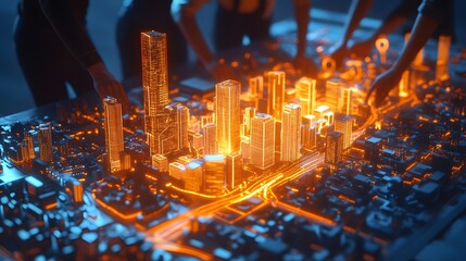 Poster - A team discussing 3D glowing city models showcasing renewable energy infrastructure, with 2D glowing data of energy efficiency. 4k resolution, Cinematic Scene