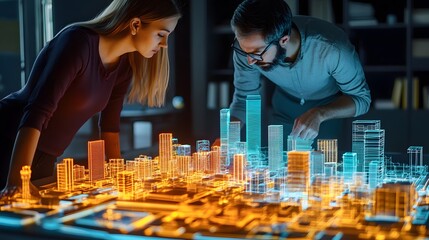 Poster - A team discussing 3D glowing city models showcasing renewable energy infrastructure, with 2D glowing data of energy efficiency. 4k resolution, Cinematic Scene