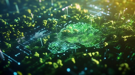 Poster - A sustainability-driven brainstorming session featuring 3D glowing maps of forest conservation and 2D floating carbon offset charts. 4k resolution, Cinematic Scene