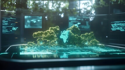 Poster - A sustainability-driven brainstorming session featuring 3D glowing maps of forest conservation and 2D floating carbon offset charts. 4k resolution, Cinematic Scene