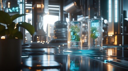 Poster - A startup environment displaying 3D glowing visuals of eco-product launches and 2D indicators of customer engagement. 4k resolution, Cinematic Scene