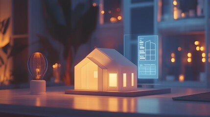 Poster - A clean minimalist workspace displaying 3D glowing models of energy-efficient homes with 2D metrics of reduced energy consumption. 4k resolution, Cinematic Scene