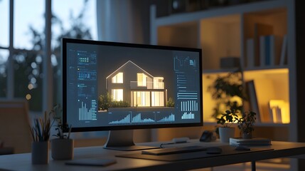 Poster - A clean minimalist workspace displaying 3D glowing models of energy-efficient homes with 2D metrics of reduced energy consumption. 4k resolution, Cinematic Scene