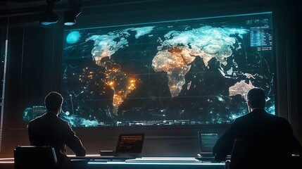 Poster - A brainstorming session discussing 3D glowing visuals of global conservation projects, with 2D animated indicators of funding success. 4k resolution, Cinematic Scene