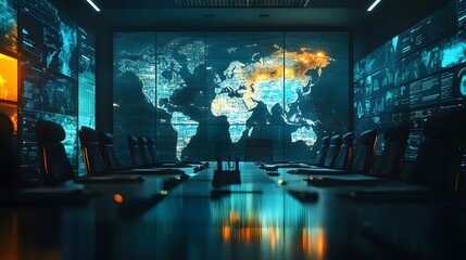Poster - A brainstorming session discussing 3D glowing visuals of global conservation projects, with 2D animated indicators of funding success. 4k resolution, Cinematic Scene