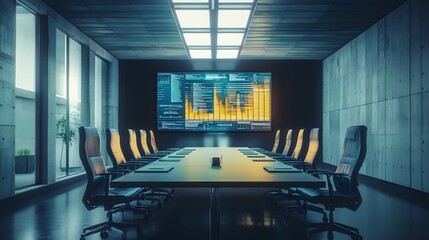 Poster - A tech-driven meeting room displaying 3D glowing data visuals and 2D animations guiding a creative brainstorming session. 4k resolution, Cinematic Scene