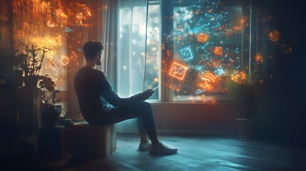 Poster - A creative thinker sitting by a window, surrounded by 3D glowing symbols of inspiration and 2D glowing pathways of solutions. 4k resolution, Cinematic Scene