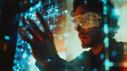 Poster - A professional using augmented reality tools to manipulate 3D holographic ideas and 2D glowing annotations. 4k resolution, Cinematic Scene