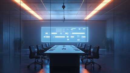 Aufkleber - A minimalist meeting room where participants discuss 3D glowing brainstorming tools and 2D task progress animations. 4k resolution, Cinematic Scene