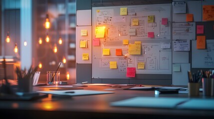Poster - A brainstorming workshop featuring 3D glowing visual tools and 2D animated task reminders helping to organize ideas. 4k resolution, Cinematic Scene