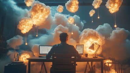 Poster - A creative thinker sitting at a desk with 3D glowing idea clouds and 2D glowing pathways of execution floating nearby. 4k resolution, Cinematic Scene