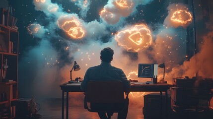 Poster - A creative thinker sitting at a desk with 3D glowing idea clouds and 2D glowing pathways of execution floating nearby. 4k resolution, Cinematic Scene