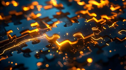 Poster - A workspace showing 3D glowing puzzle pieces coming together, with 2D glowing trails connecting the solutions. 4k resolution, Cinematic Scene