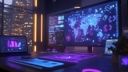 Poster - A brainstorming session displaying 3D glowing systems mapping out solutions and 2D success indicators. 4k resolution, Cinematic Scene