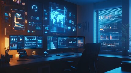 Poster - A minimalist workspace featuring 3D glowing projections of challenge resolutions and 2D highlights of achievements. 4k resolution, Cinematic Scene