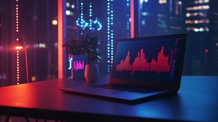 Poster - A minimalist desk with a laptop projecting 3D glowing graphs of startup growth and 2D floating financial indicators. 4k resolution, Cinematic Scene