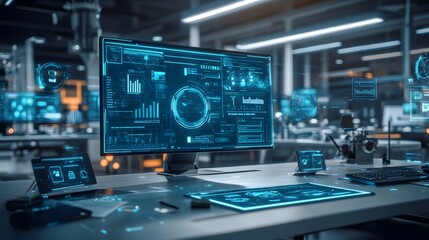 Poster - A workspace with 3D holographic product concepts displayed and 2D glowing pathways mapping their development. 4k resolution, Cinematic Scene