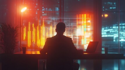 Aufkleber - An entrepreneur sitting in a bright office, interacting with 3D glowing investment projections and 2D feedback loops. 4k resolution, Cinematic Scene