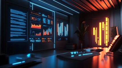 Poster - A creative pitch room where 3D glowing bar charts show market research and 2D animated product highlights. 4k resolution, Cinematic Scene