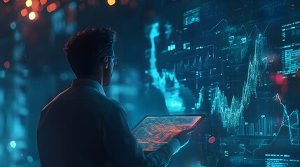 Poster - A founder reviewing 3D glowing investment pitches, with 2D glowing graphs of potential ROI displayed nearby. 4k resolution, Cinematic Scene
