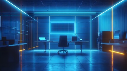 Poster - A minimalist startup office where 3D glowing innovations are displayed and 2D glowing paths of execution are drawn. 4k resolution, Cinematic Scene