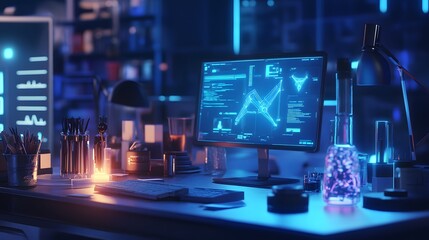 Poster - A collaborative workspace where 3D glowing product iterations are developed with 2D glowing team inputs. 4k resolution, Cinematic Scene