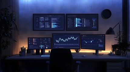 Poster - A minimalist home office showcasing 3D glowing pitch decks and 2D progress trackers. 4k resolution, Cinematic Scene
