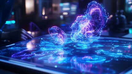 Poster - A digital brainstorming session with a founder using 3D glowing maps of innovative solutions and 2D glowing metrics of success. 4k resolution, Cinematic Scene