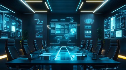 Poster - A sleek boardroom featuring 3D glowing organizational flowcharts and 2D animated task priorities floating in the air. 4k resolution, Cinematic Scene