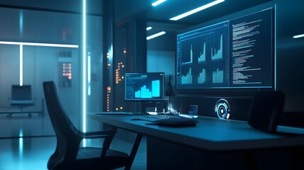 Poster - A minimalist workspace where 3D glowing diagrams of competitive analysis are displayed alongside 2D action points. 4k resolution, Cinematic Scene